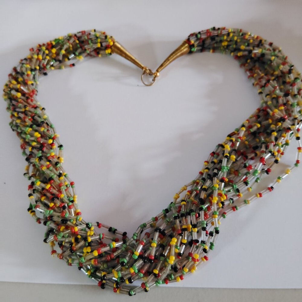 Vintage 20-Strand Glass Seed Bead Necklace Brass Wire-Wrapped Clasp 20”